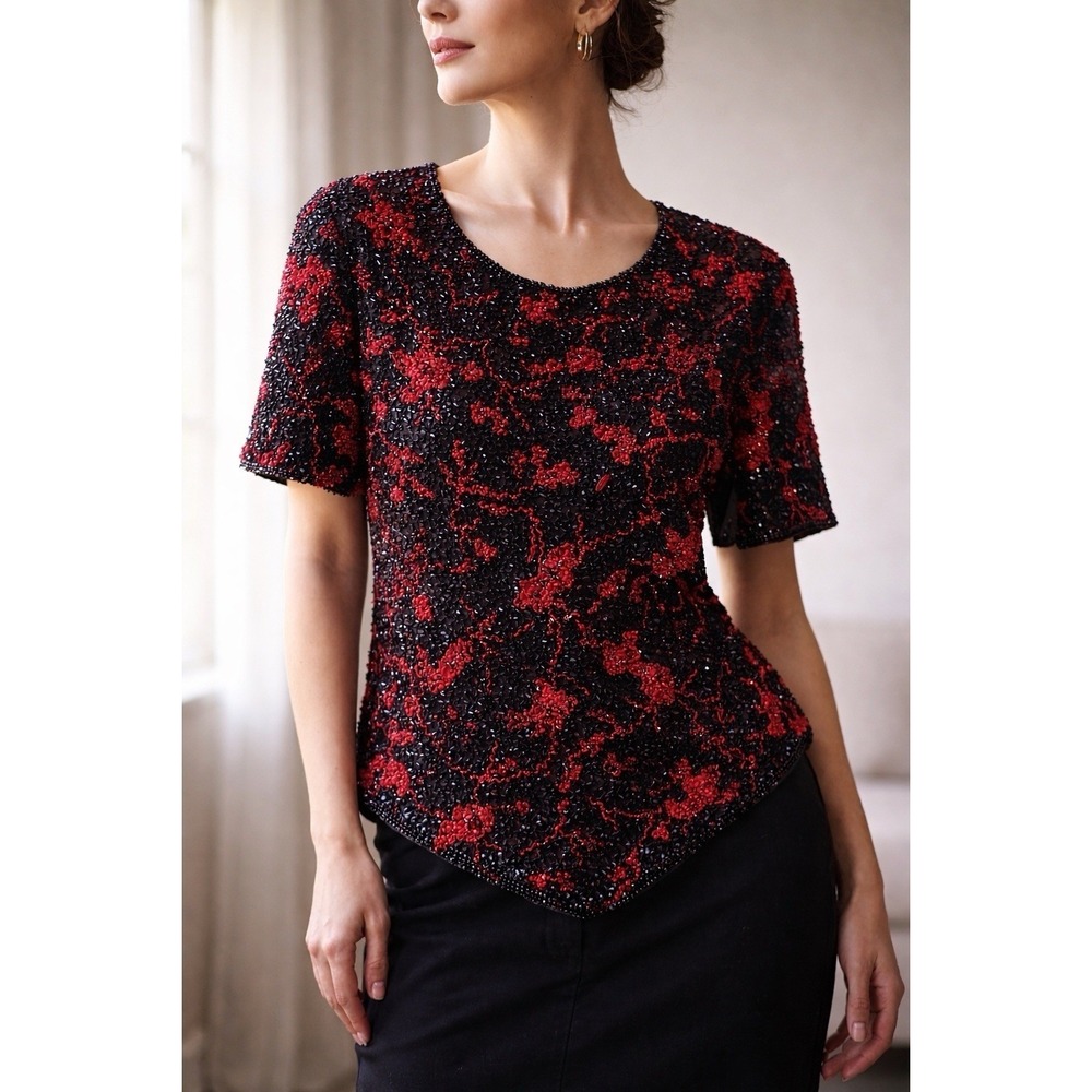 NWT Vintage ANDRETTA DONATELLO 100% Silk Y2K Red Fully Beaded ScoopNeck  XL